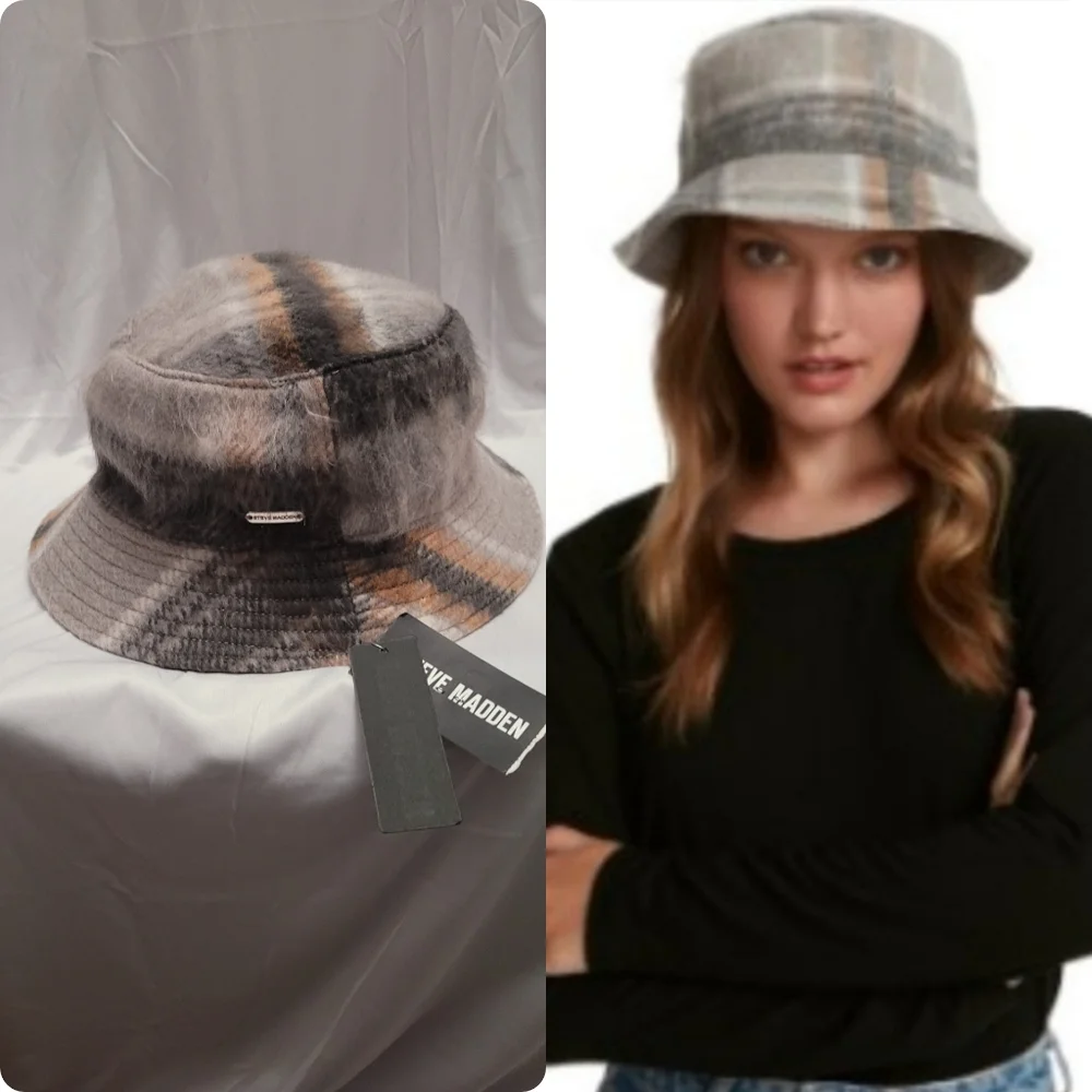 Steve Madden Logo Plate Brushed Bucket Hat OSFM Off white Gray Tan Plaid